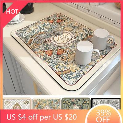 Estera de secado de platos impresa, almohadilla para escurrir café súper absorbente, almohadilla de drenaje para vajilla, alfombra de secado rápido, mantel individual para vajilla de cocina