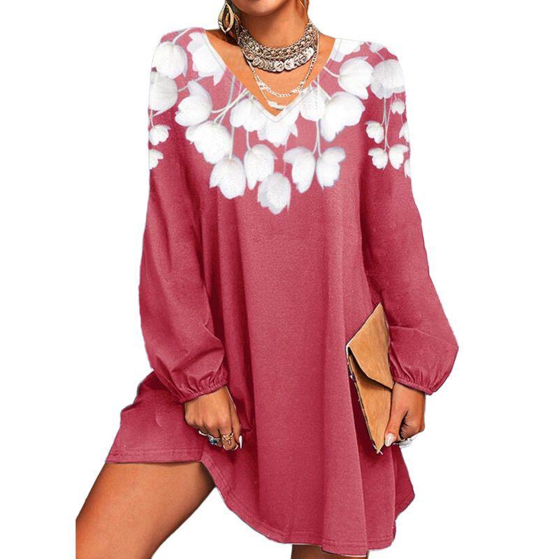 

Women s Casual Printed Long-Sleeve V-Neck Dress 5XL