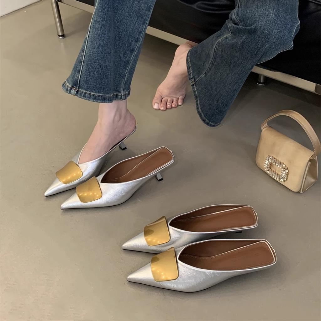 2025 summer new metal buckle pointed head thin heel bag head slippers women wear sandals muller shoes half slippers