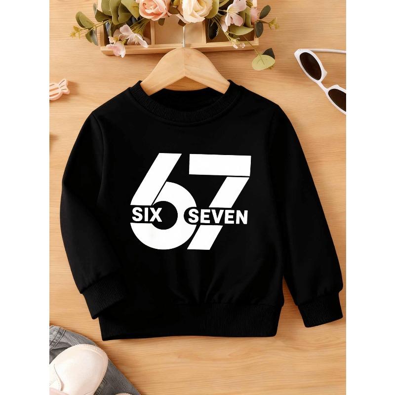 Unisex Kids Cream Crewneck Sweatshirt For 4-12 Boys Girls Minimalist White Block Number 67 SIX SEVEN Text Print Soft Fleece Long Sleeve Pullover