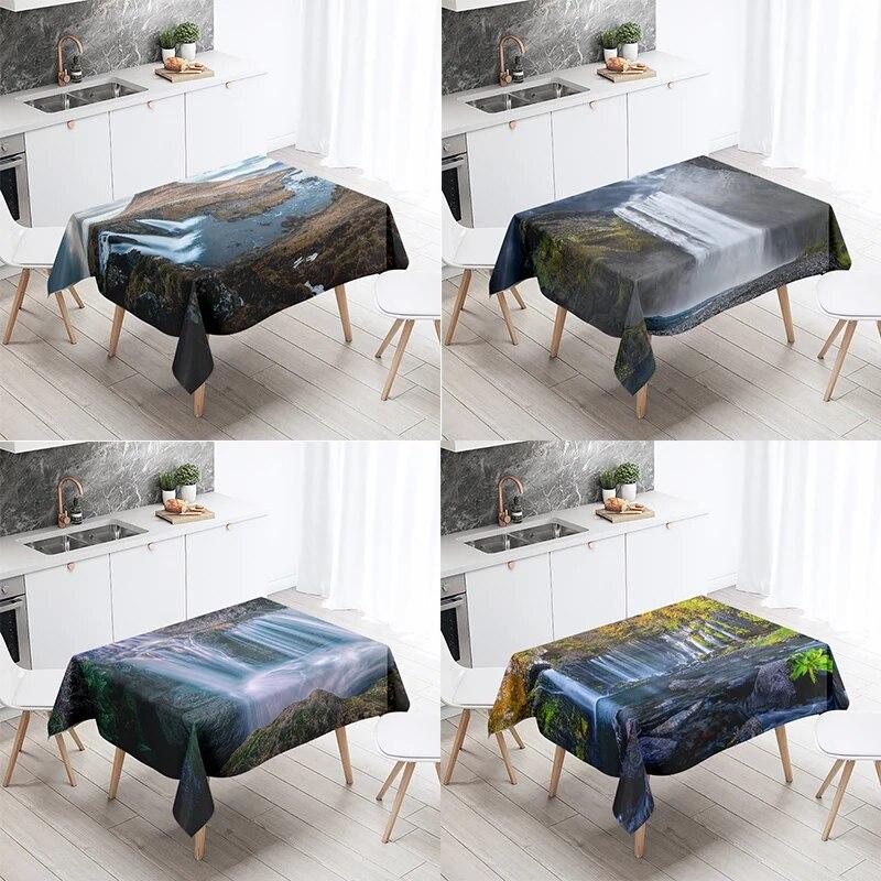 Waterfall Tablecloth Alpine Flowing Water Printed  Stain Resistant Waterproof Kitchen Table Home Decoration