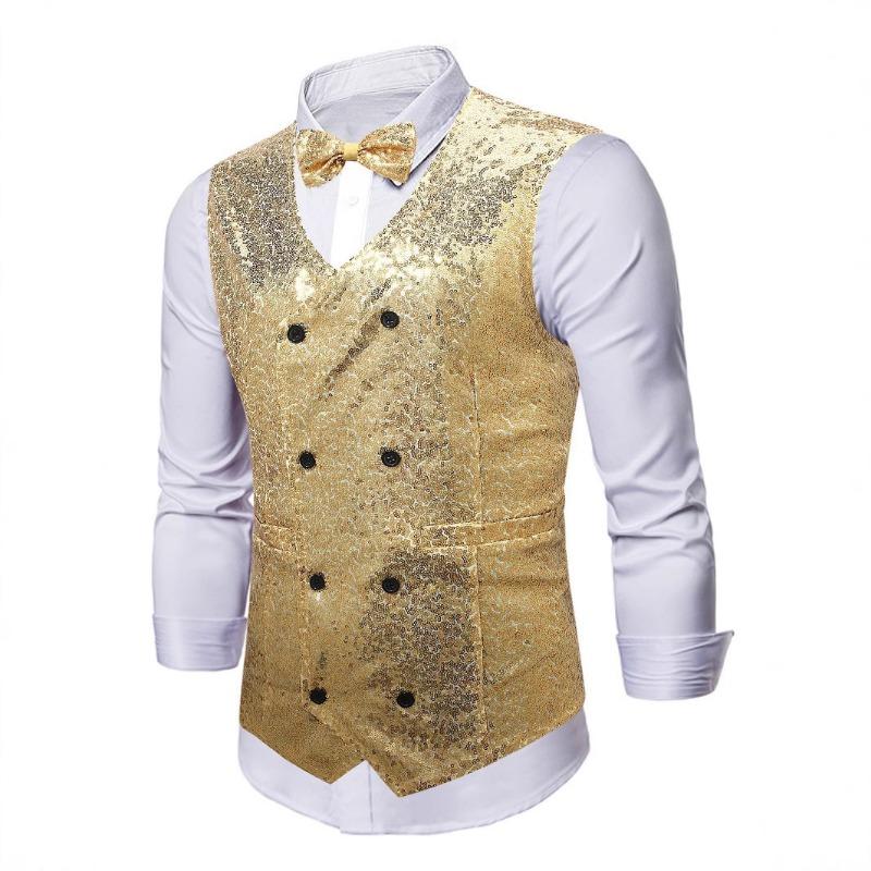 Мужской двубортный жилет с пайетками, блестящий, для официальной вечеринки S золотой