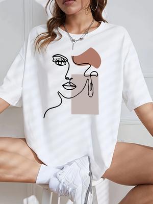 Damen Oversized Grafik T-Shirt - Abstrakte Gesichtslinienkunst & Colorblock-Design, Maschinenwaschbares Rundhals-Top