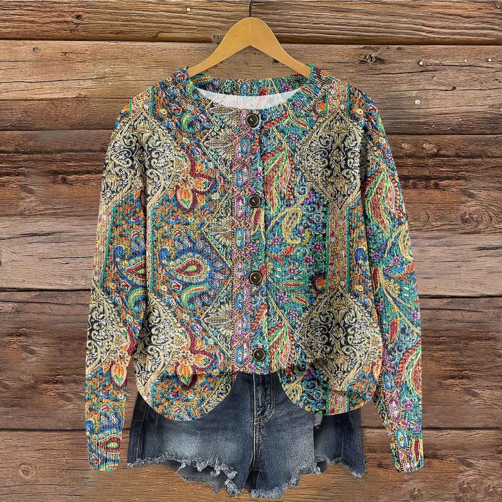 Women's Vintage Knit Button Vintage Print Cardigan Jacket
