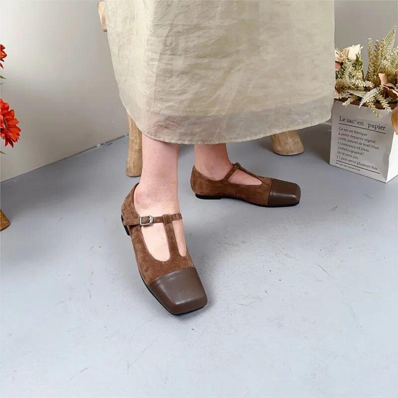 Johnature Square Toe Buckle Shallow Fashion Pumps Versatile Genuine Leather Women Low Heels Shoes