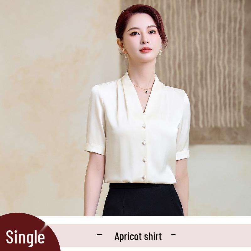 Women's Blue Chiffon V-Neck Shirt - Summer Short-Sleeve Professional Top