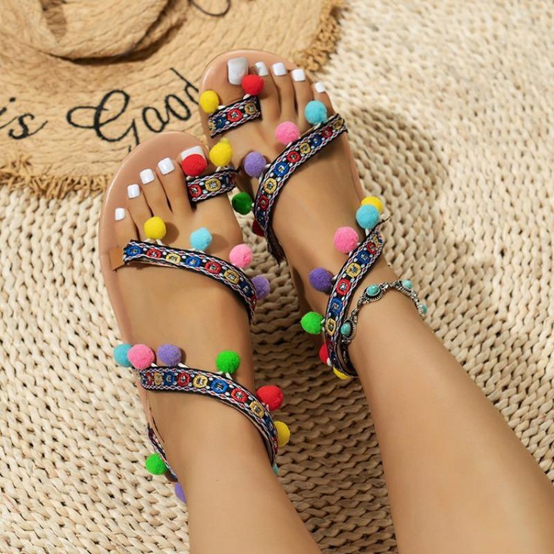 Summer Bohemian Cross Strap Hairball Pin-toe Flat Bottom Student Pin-toe Beach Shoes Sandals Batch