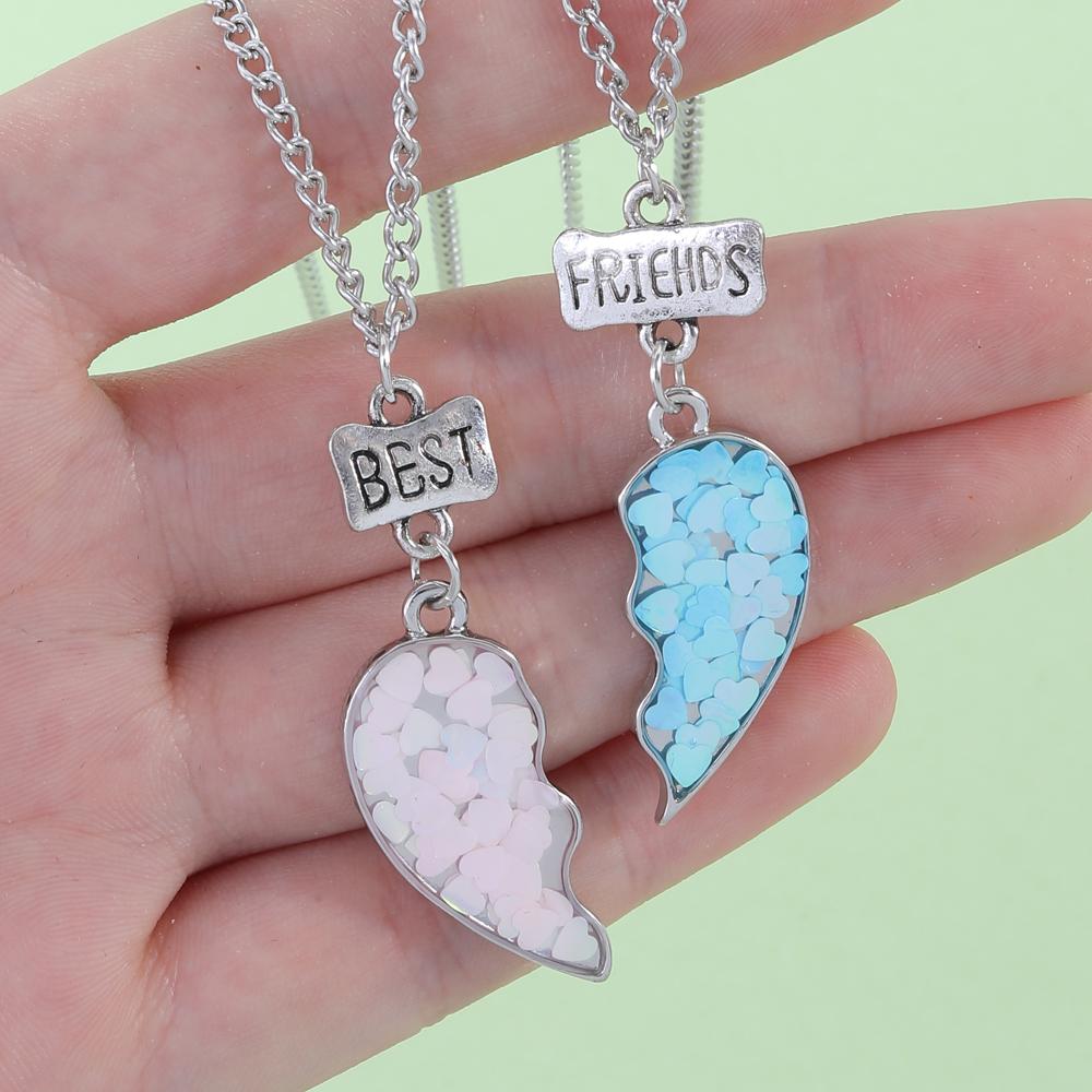 2 Pcs Best Friends Charm Necklace Set Blue And Pink Half Heart Matching Pendant Choker For Girls Friendship Memorial BFF Gift