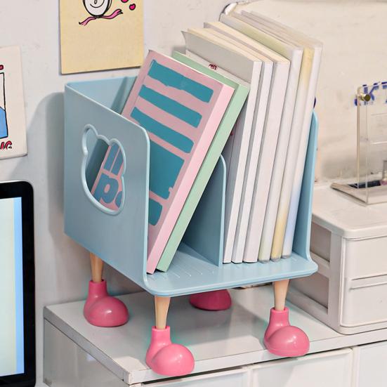 Bear Bookend Organizer with Multi-Tier Shelves Cute Desktop Bookshelf for Office Dorm Room Space-Saving Plastic Storage Rack for Book Files & Supplies