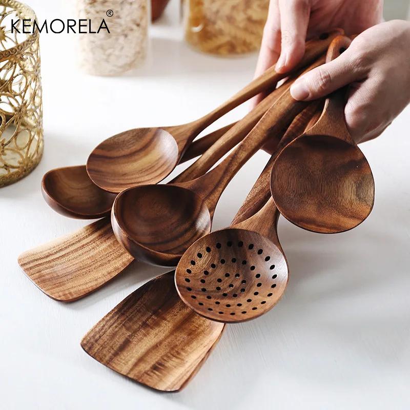 1PC Thailand Teak Natural Wood Tableware Spoon Ladle Turner Long Rice Colander Soup Skimmer Cooking Spoons Scoop Kitchen Tool