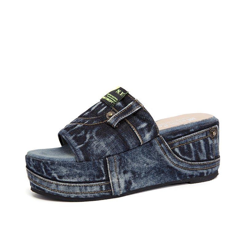 Muffin slippers women wear new trendy shoes in spring and summer fashion platform sandals one-word drag denim letter cool slippers