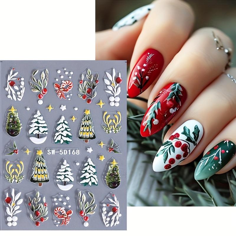 Weihnachts-Nagelkunst-Aufkleber Abziehbilder 1 Blatt, Winter Weihnachtsbaum Blätter Muster Geprägte Selbstklebende Nagelaufkleber, DIY Nagelkunst Dekoration