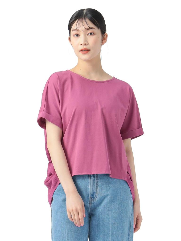 Beams Heart Back Mixed Material Crew Neck One Size S/S Tee, Tuck, Pullover, Women's, Berry,
