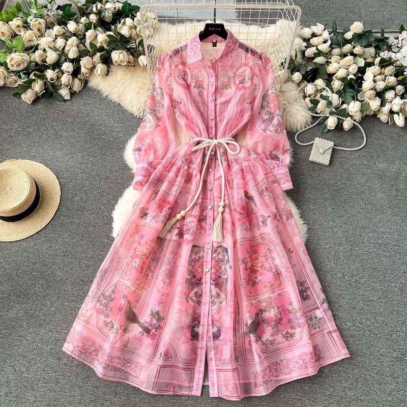 

European-Style Spring Dress Retro Silm Long Dress Formal Dress Pink S