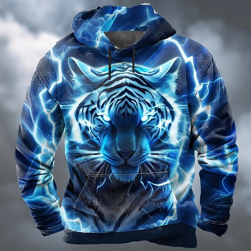 2026 Herbst Winter Herren Tier Tiger 3D Drucke Kapuzenpullover Sweatshirt Langarm Rundhals Streetwear Kordelzug Oberteile
