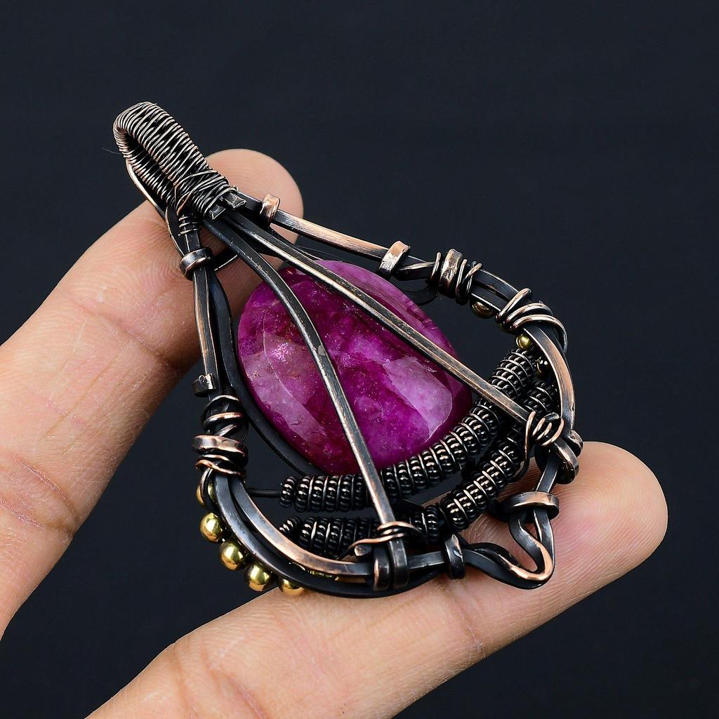 Lab-Created Ruby Gemstone Pure Copper Wire Wrapped Designer Handmade Pendant Jewelry Gift For Woman