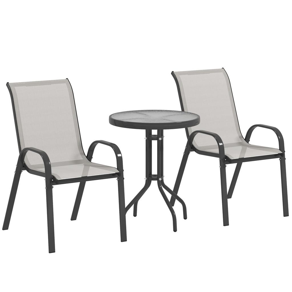 Garden Furniture Set, 3-Piece, 2 Stackable Armchairs, Coffee Table, Tempered Glass, Light Grey