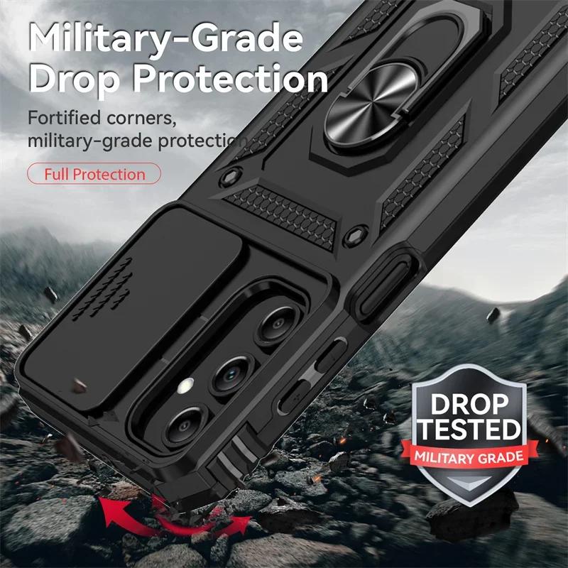 Slide Camera Lens Grade Armor Phone Case For Samsung Galaxy A73 A72 A56 A54 A36 A16 A15 A25 A35 A55 5G Holder Ring Stand Cover