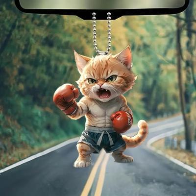 Akrilik Askı Boks Kedi Süsü Boyun Askısı ile Kolay Asılabilen Boks Kedi Şekilli Dikiz Aynası Askı Dekoru