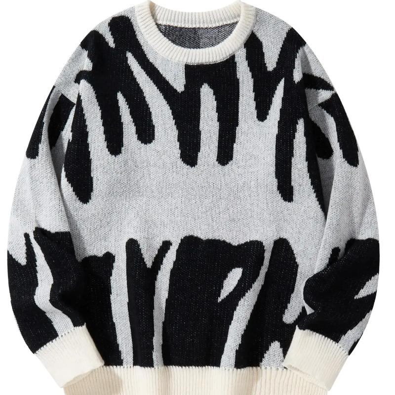 New Popular Autumn Winter Irregular Jacquard Pattern Pullover Sweater Casual Round Neck Contrast Color Knitted Men's Pullover
