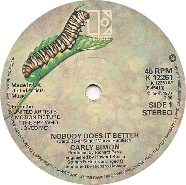 

7inch Record CARLY SIMON - Nobody Does It Better K12261 Elektra 1977 UK Rock Used