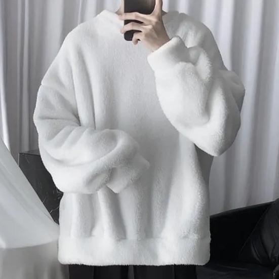 Men Sweatshirt Solid Color O Neck Loose Cozy Winter Top for Daily Wear