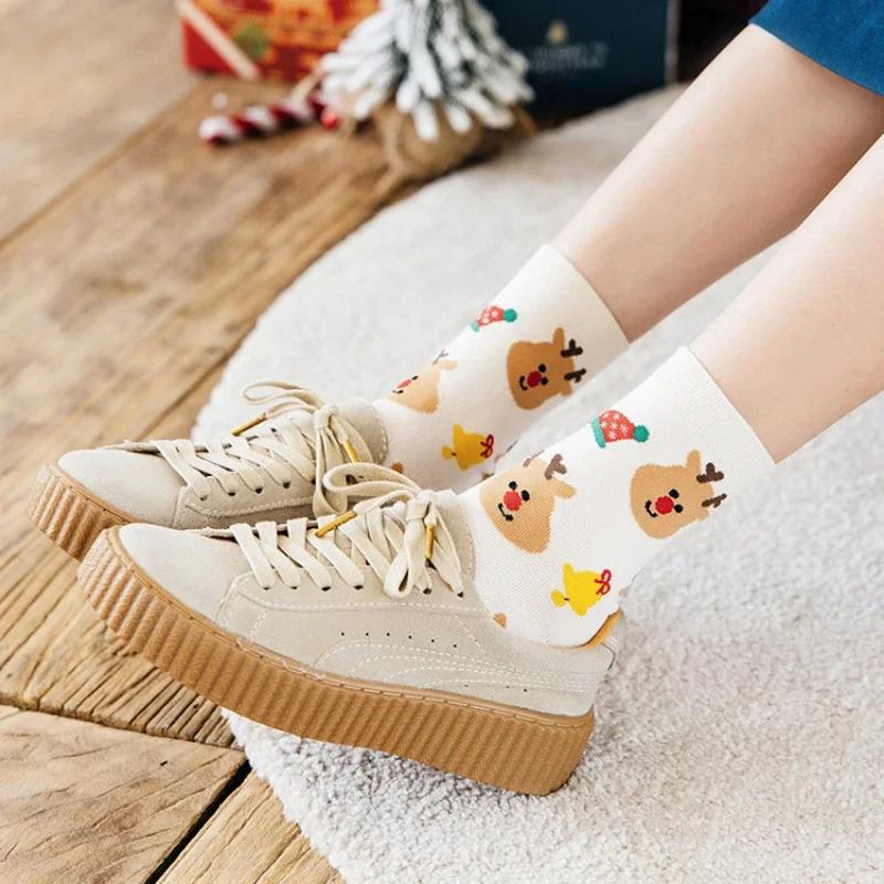 4 Pairs Cartoon Santa Claus Women's Socks Comfortable Harajuku Trendy Animal Socks Breathable Stars Christmas Gift