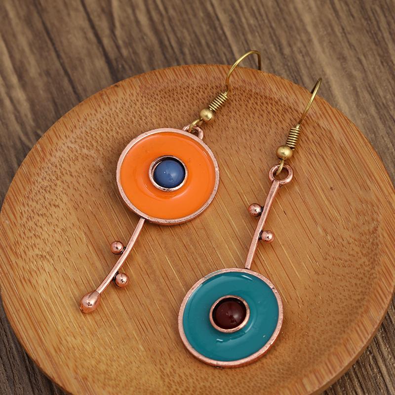Bronze Metal Painting Pendant Earrings for Women's Ethnic Orange Blue Stone Personalized Earrings Jewelry Accessories