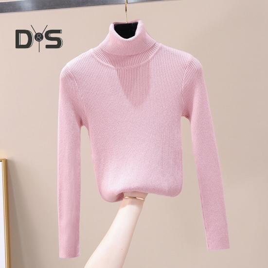 Women Knitted Base Top High Neck Long Sleeve Slim Shirt Solid Color Pullover Thin Sweater for Spring Autumn