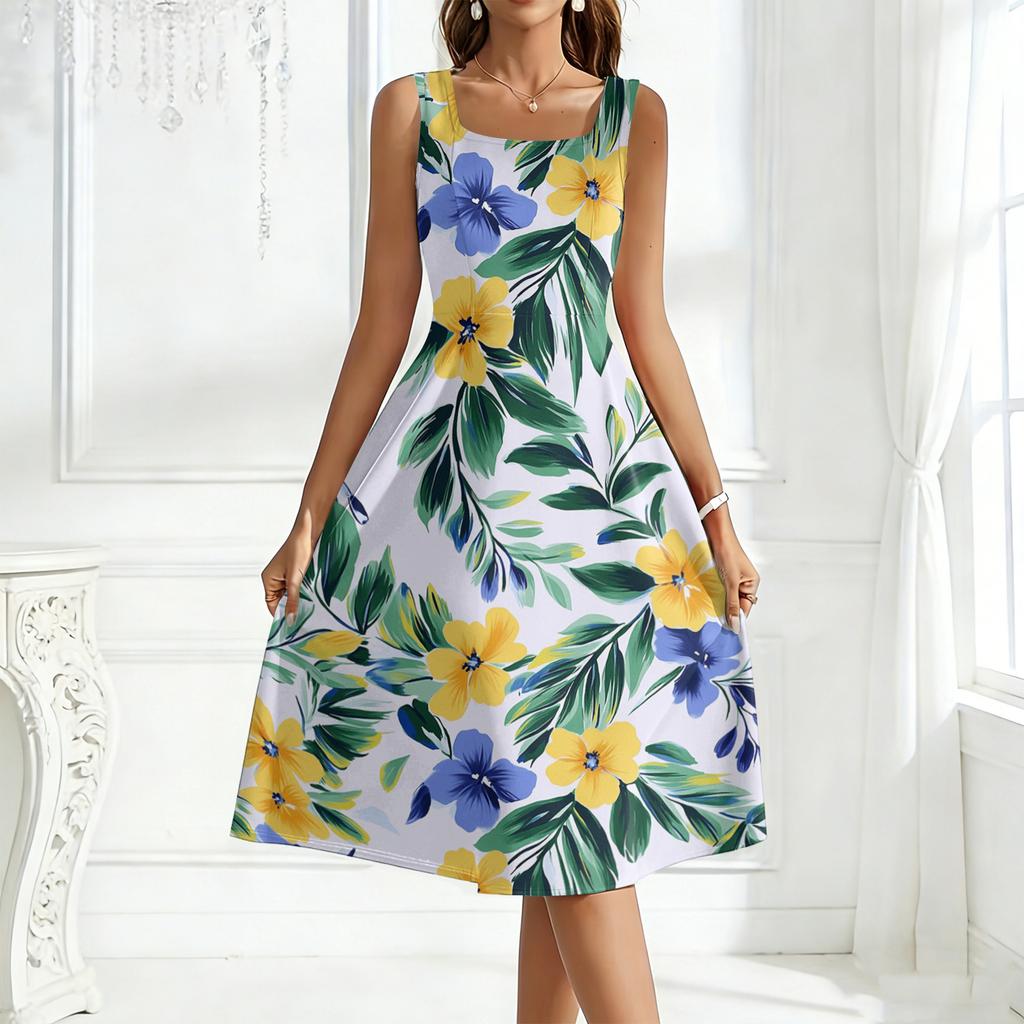 Ladies' square neck floral sleeveless dress with a large swing