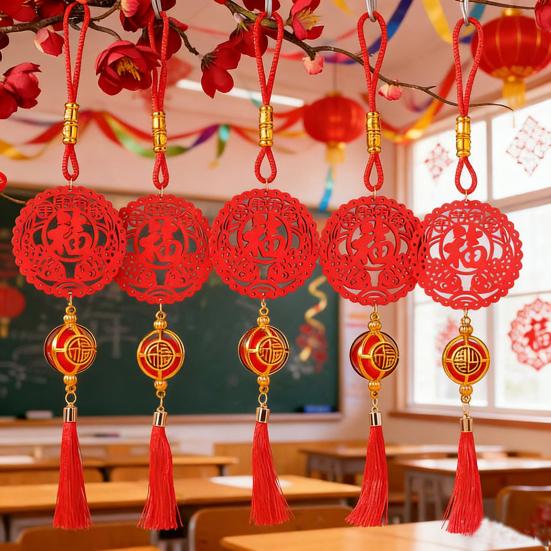 Chinese New Year Decorations Wooden Plaque Ornaments with Tassels Red Lucky Fu Pendant for Indoor Bonsai Plants Spring Festival Home Office Decor