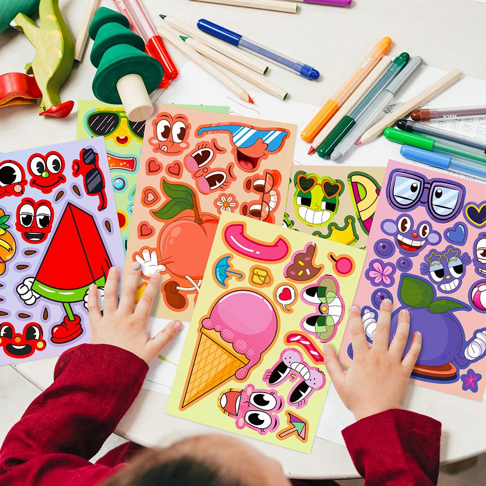 6/12Sheets Cartoon Fruit Summer Colorful Make A Face Puzzle Stickers PVC Material Children’s Daily Toys Waterproof Toy Stickers.
