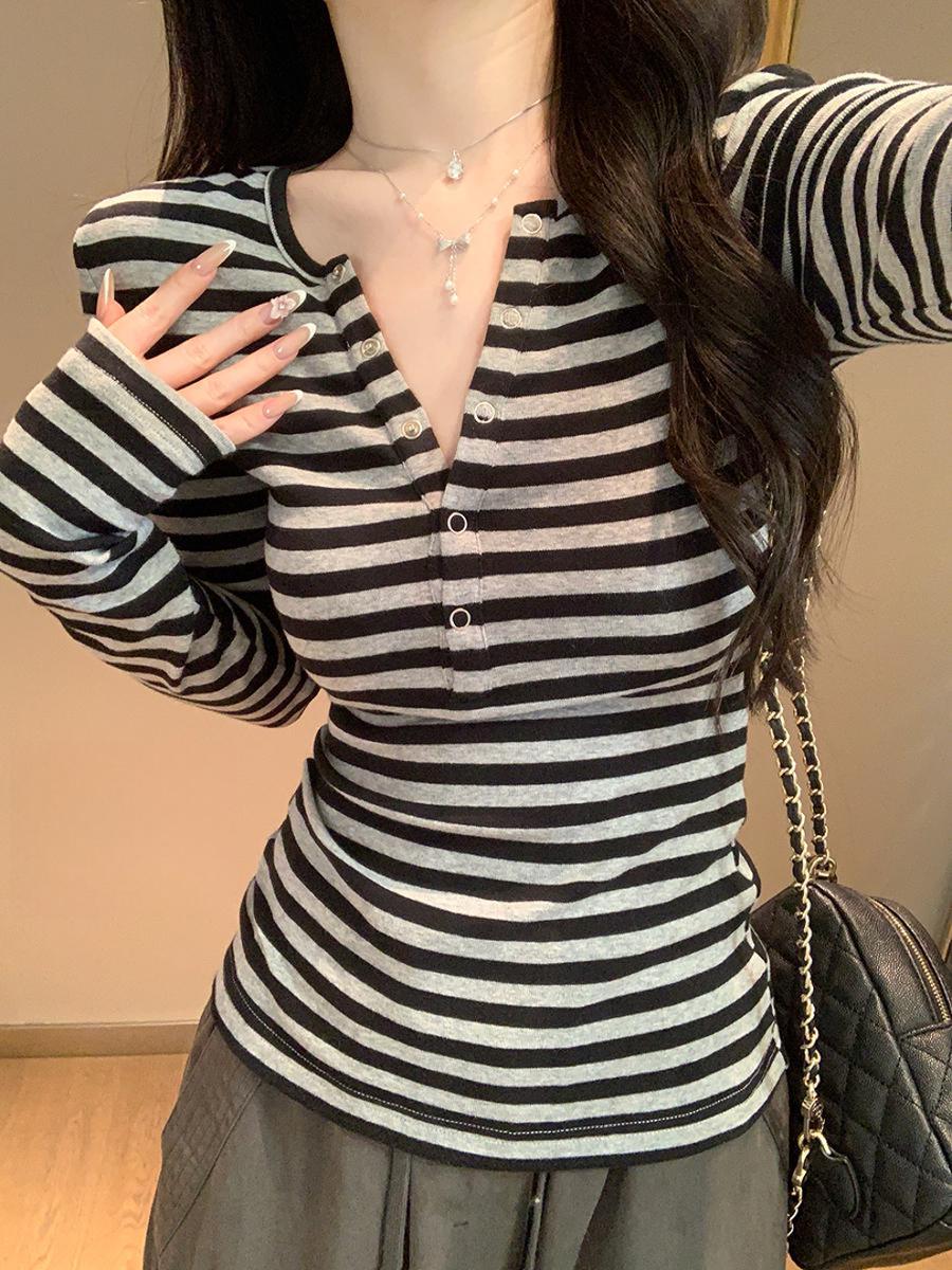Miu Style Striped Color Block V-Neck Button Long Sleeve Women s Slim Fit Autumn T-Shirt Small