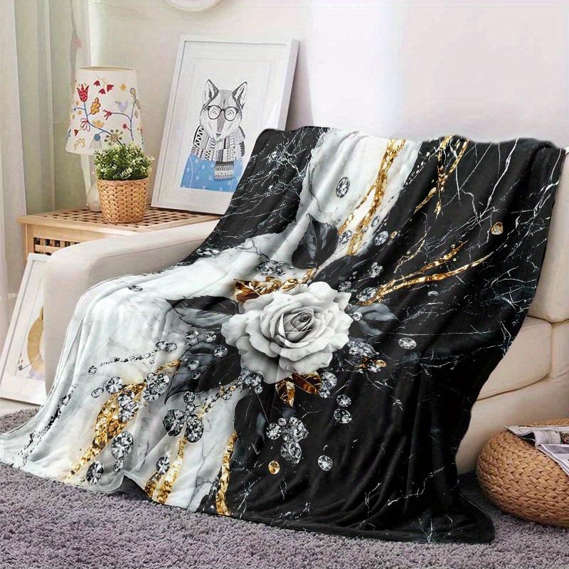 Black White Marble White Rose Flannel Throw Blanket Gold Vein Diamond Floral Decor Blanket