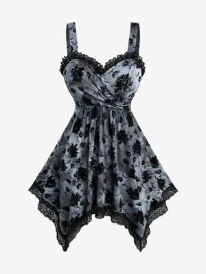 Rosegal Plus Size Floral Flocking Tie Dye Lace Trim Crossover Handkerchief Tank Top
