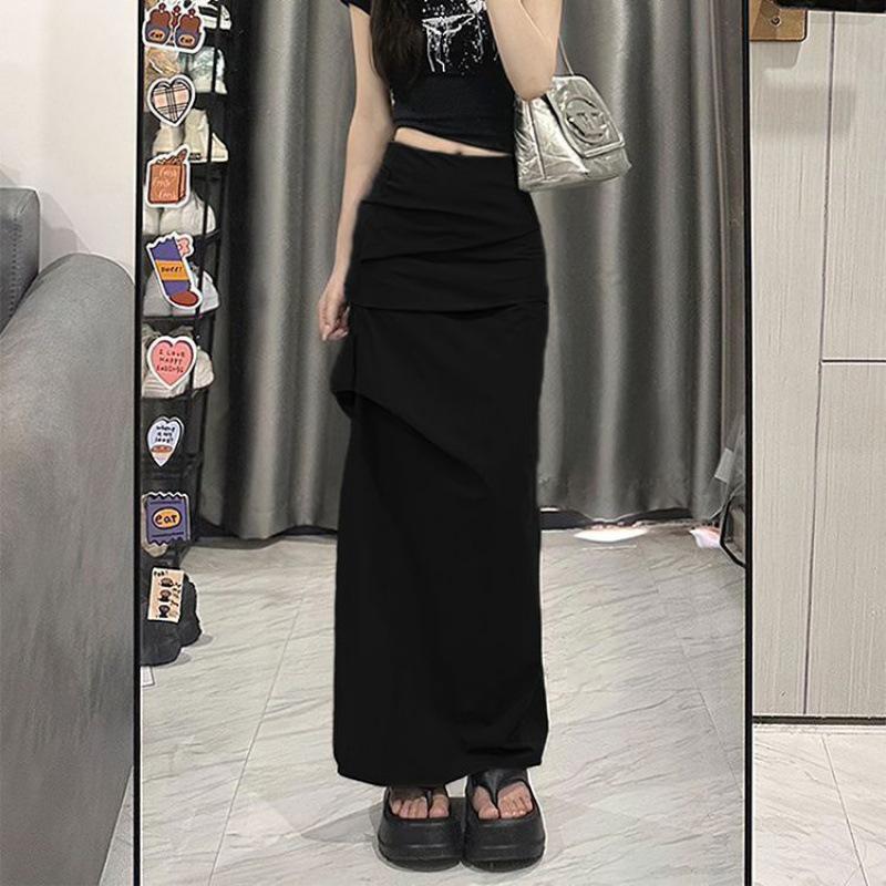 Design Sense Casual Midi Skirt for Women: High-Waist, Pleated, Slit, and Hip-Wrap Style for a Slim Look