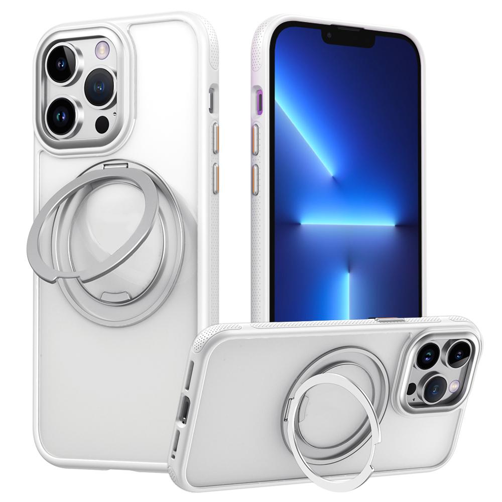 

For iPhone 13 Pro Magnetic Case Rotating Gear Pivot Kickstand PC+TPU Phone Back Cover Matte White
