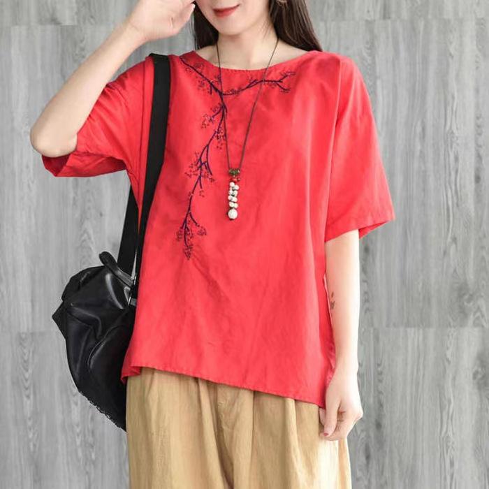 Camiseta feminina de verão solta, retrô, gola redonda, manga curta, bordada, de algodão e linho