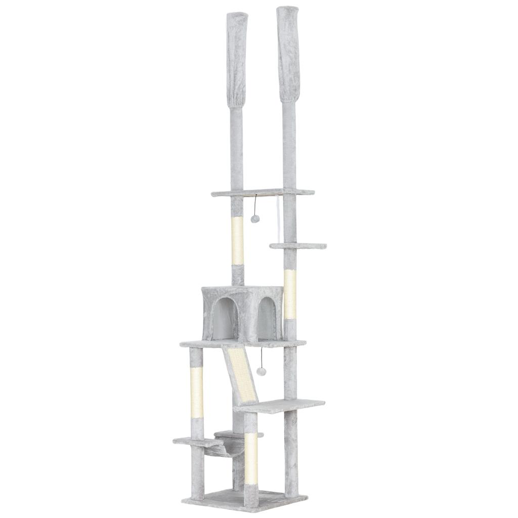 Adjustable Height Ceiling Cat Tree 225-255cm with House and Hammock, Light Grey