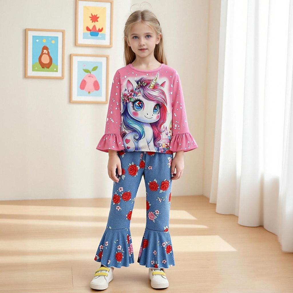 Kids Girls Fashion Clothing Set Spring Autumn Tie Dye Printed Cartoon Pegasus Pullover Flower Flared Pants Two Piece Outfit