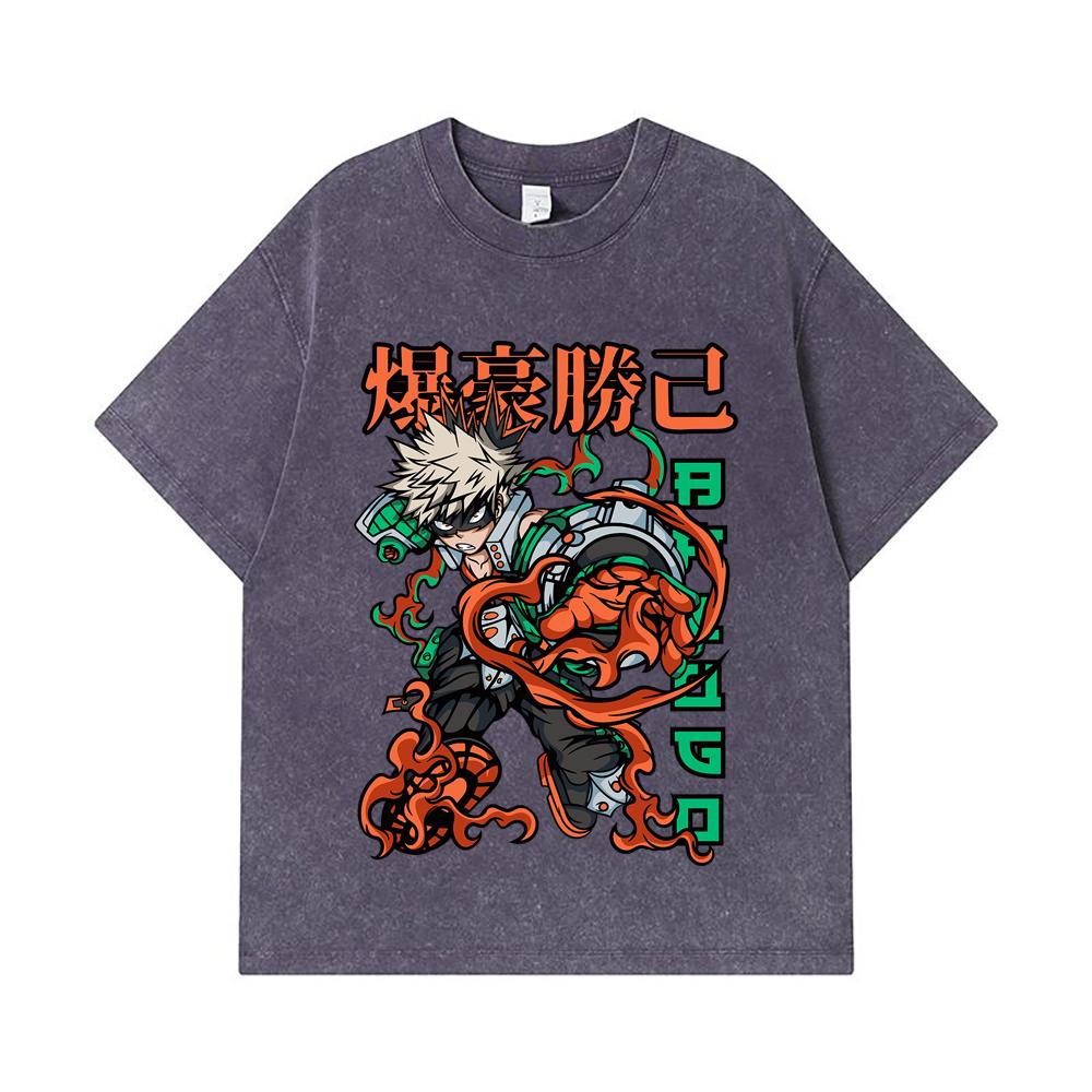 275 GSM Washed T-shirts 100% Cotton My Hero Academia V14 Bakugo Print Unisex Heavy Cotton T Shirt