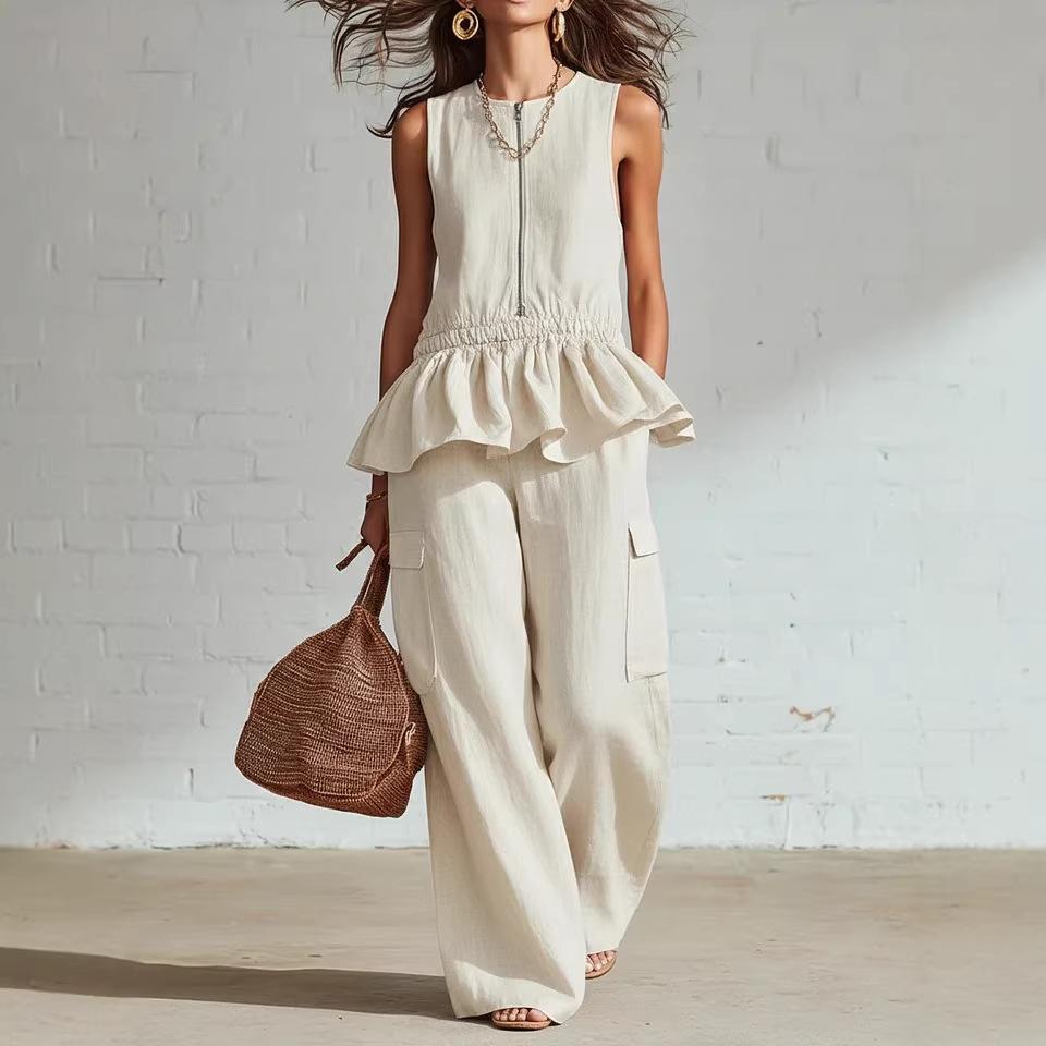2026 Summer New European and American Foreign Trade Women's Sleeveless Pleated Vest Wide-leg Trousers Casual Suit Women