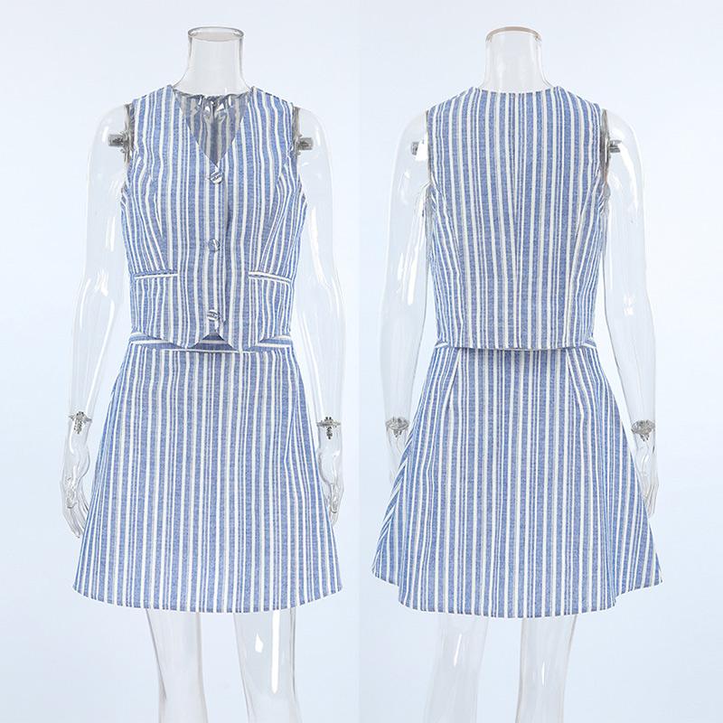 Striped Sexy Skirts Match with Two Piece Shirt Tops and A-Line Skirts Summer Streak Slim Office Women Skirts Outfits