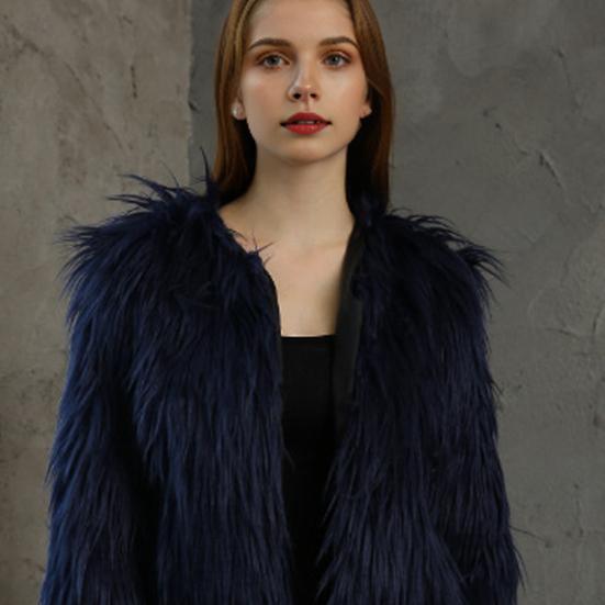 Women's Faux Fur Jacket Warm Plush Round Neck Coat Autumn Winter Long Sleeve