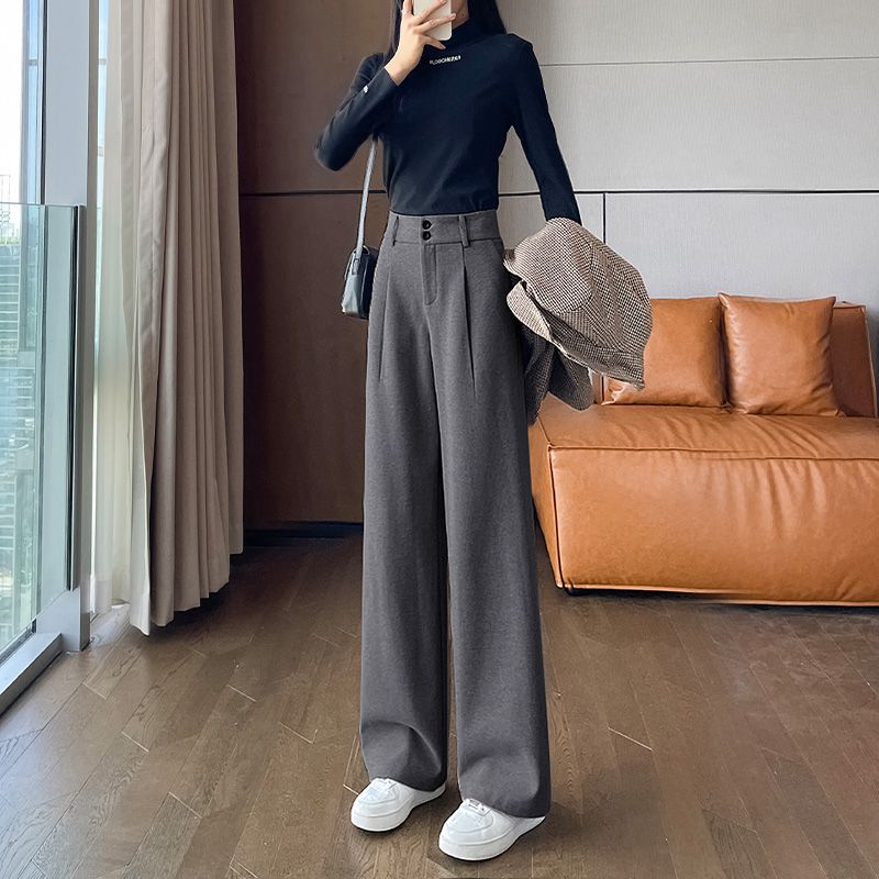 Woolen Wide-leg Pants Autumn and Winter High-waisted Casual Straight Pants Narrow Wide-leg Thickened Suit Trousers