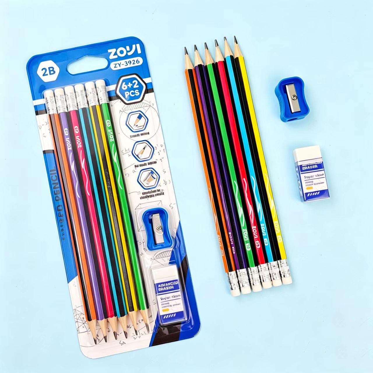 Triangular Grip 2B Student Sketch Pencil Set with Sharpener & Eraser 6 Pencils + 2 Accessories Set