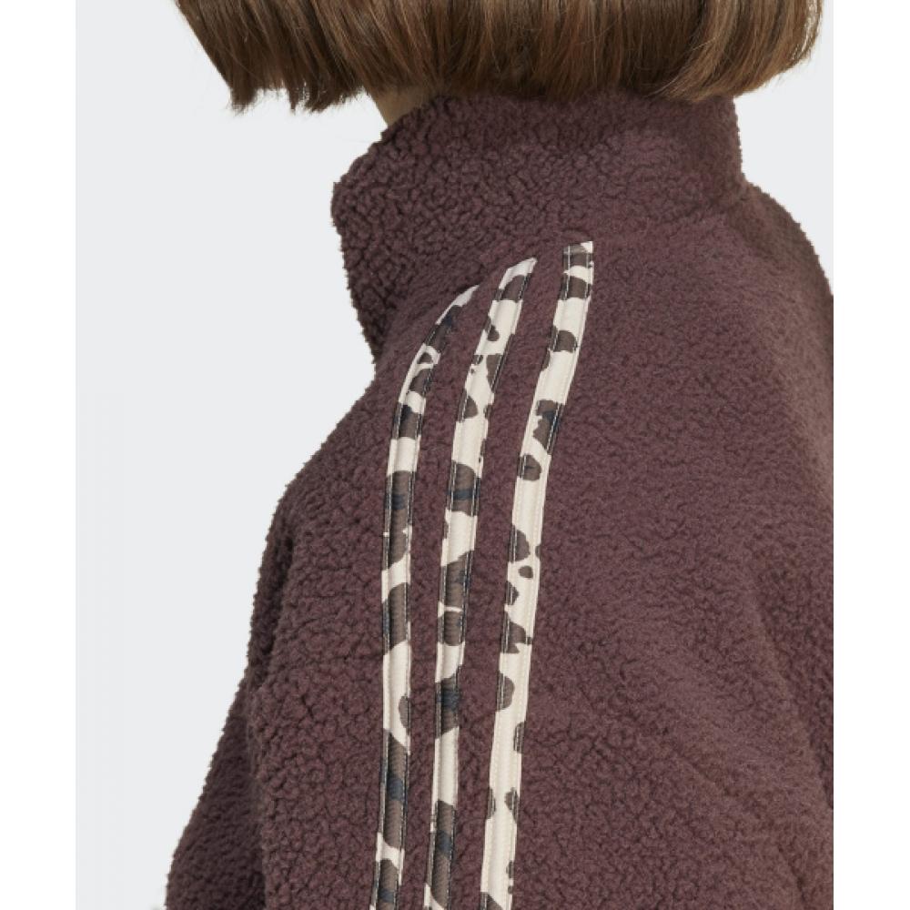 Adidas Animal Print Fleece Cropped Half Zip Top   Brown Iy5010