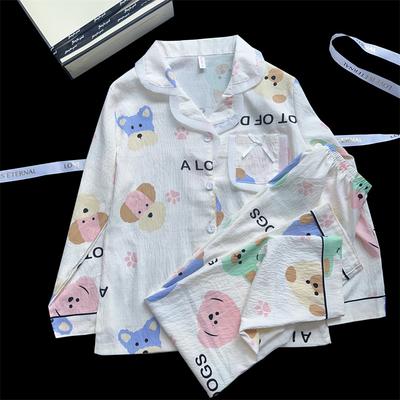 Pijama de 2 piezas con estampado de dibujos animados de letras coreanas, cuello con solapa, para mujer, kawaii, lindo, combinable, conjunto de pijama, otoño invierno, ropa de dormir nueva
