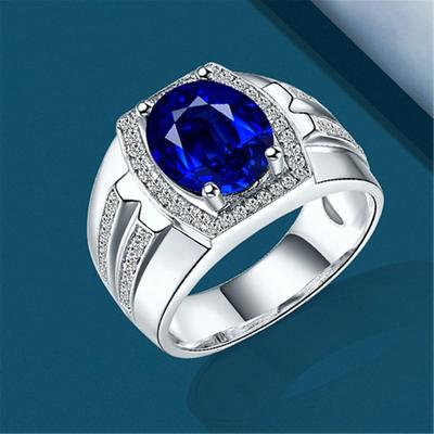 12mm Wide Blue Zircon Adjustable Men Ring Copper Plated Platinum Male Finger Jewelry