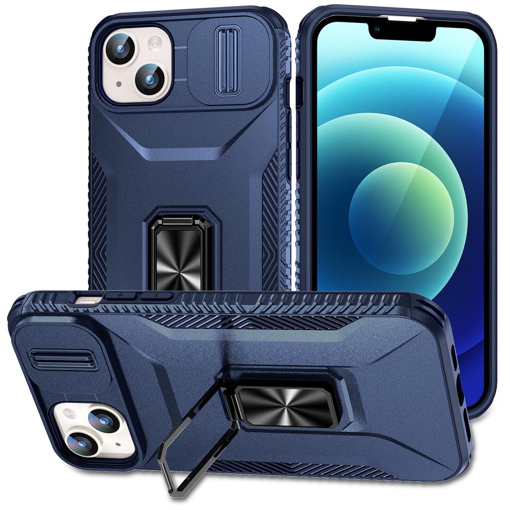 For iPhone 15 Plus/14 Plus Case Camshield Kickstand TPU+PC Anti-Slip Phone Cover